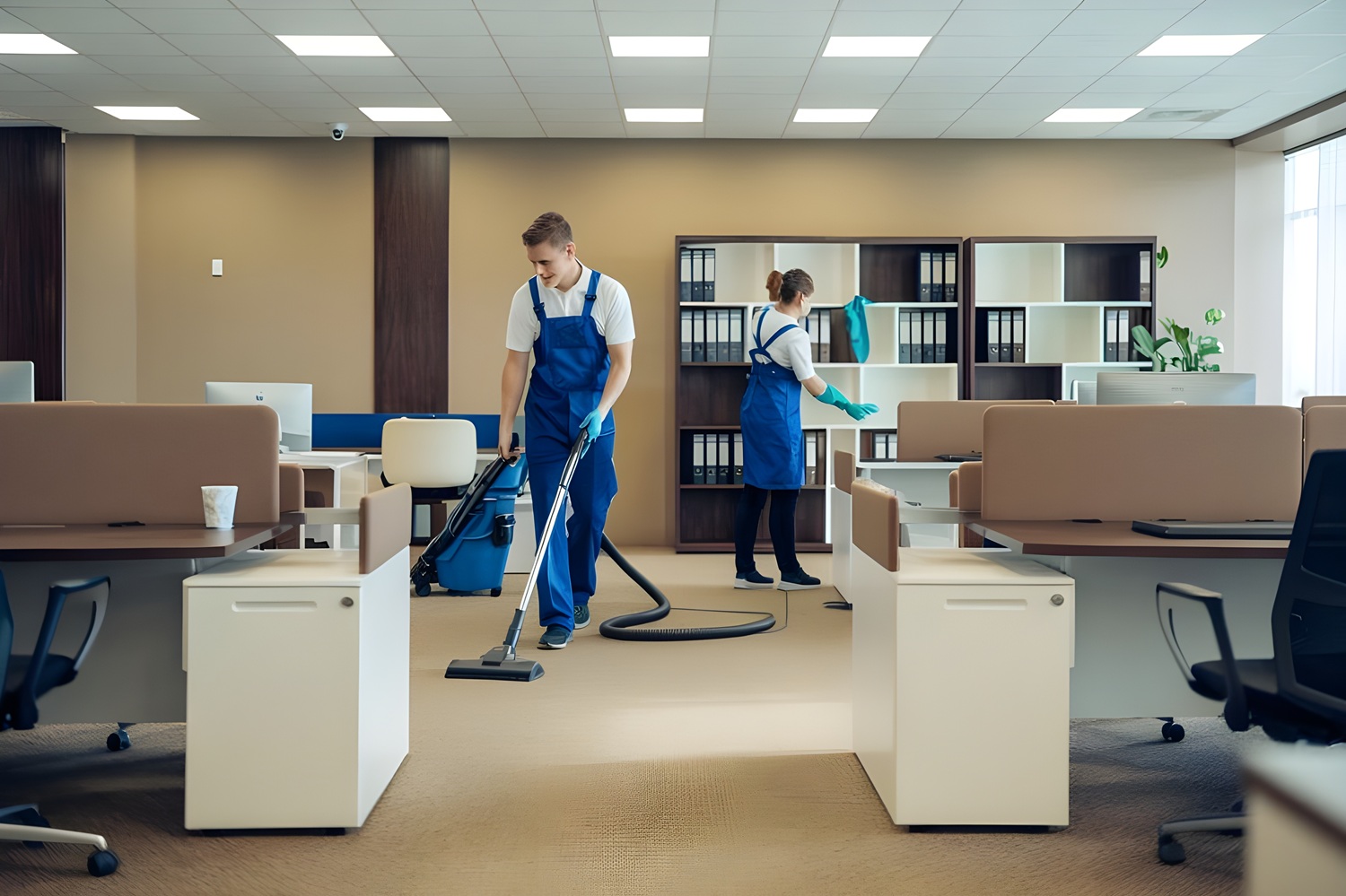 Kobieta i mężczyzna sprzątający przestrzeń biurową – kompleksowe czyszczenie biur i lokali usługowych z MultiTask.